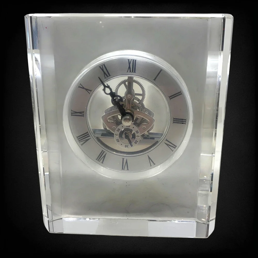 Vintage Y2K Heavy Crystal Style Glass Skeleton Quartz Mantel Shelf Clock Working